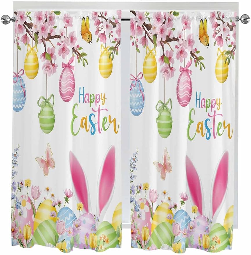 Happy Easter Living Room Curtains 72 Inches length, Spring Watercolor Bunny by Unknown