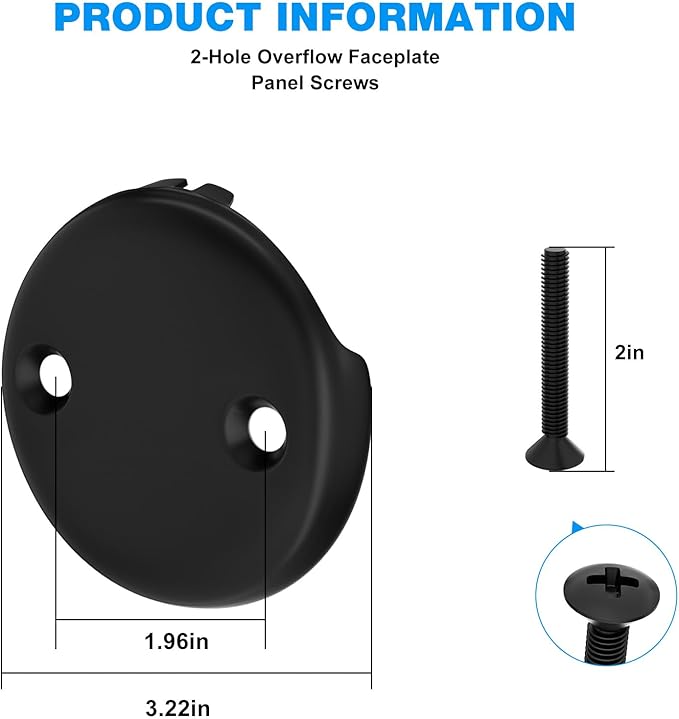 Tub Drain Overflow Cover Black- 3-1/8" Two Hole Bathtub Drain Overflow Cover with Screw Fits Most Standard Bath Tub Drains (Two Hole Bathtub Drains Cover)