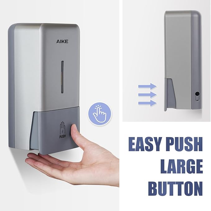 AIKE Wall Mount Liquid Soap Dispenser for Commercial Bathroom 27oz Large Capacity Manual Push Pump Silver