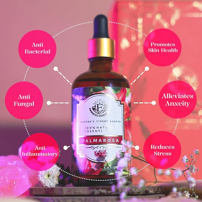 Luxurious Palmarosa Essential Oil by Enhanced Essentials| Slow Distilled & Pure| for Home,Diffusers,Skin & Hair Care,Aromatherapy,Bath,Perfume,Soap & Candle Making|with Glass Dropper|100 ml