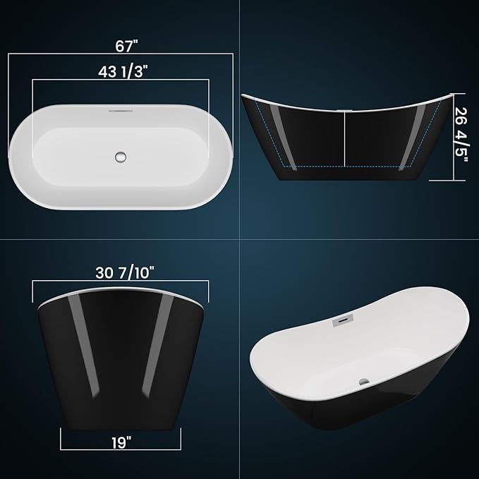 67" Deep Soaking Bathtub, Non-Slip Acrylic Tub with Chrome Drain, CUPC Certified, Ergonomic Modern Bath for Bathrooms, Easy-Install, Black Ingot