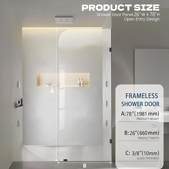 Frameless Shower Door, 26" W ×78" H Fixed Shower Glass Panel with Clamps, 3/8" (10mm) Glass Shower Doors, Clear Tempered Bathroom Shower Panel in Matte Black