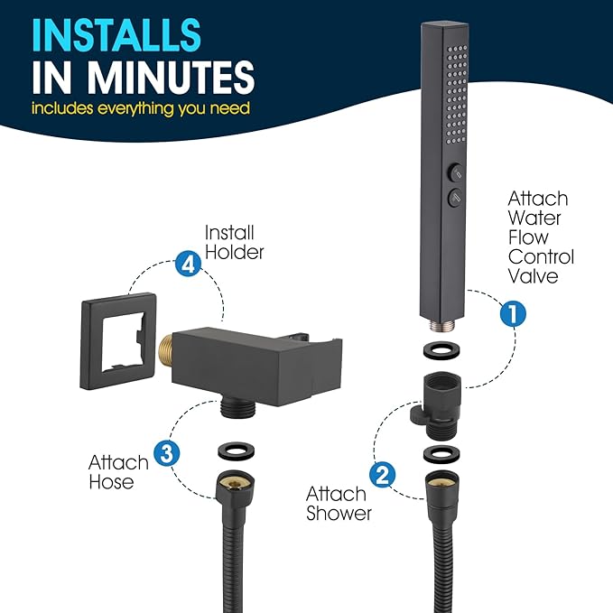 All-Metal High Pressure Square Handheld Shower Head with Jet Spray and Rainfall Modes, Volume Control Regulator, ON/OFF Switch, Hose and Wall Mounted Adjustable Bracket, Matt Black Color