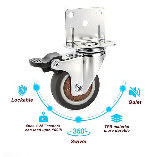 1.25 Inch Side Mount Swivel Caster Wheels Small L-Shaped Plate Rubber Castors - Image 3