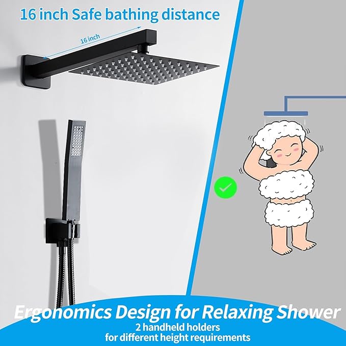10 Inch Matte Black Shower Faucet Set with Rain Shower Head and Handheld Spray, Wall Mounted Rainfall Shower Head with Handheld Combo, Bathroom luxury Shower System with Valve and Trim