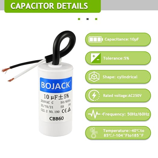 BOJACK Run Capacitor 10 uF MFD 250V AC 10 MFD CBB60 2 Wire 50/60Hz Cylinder - Image 3