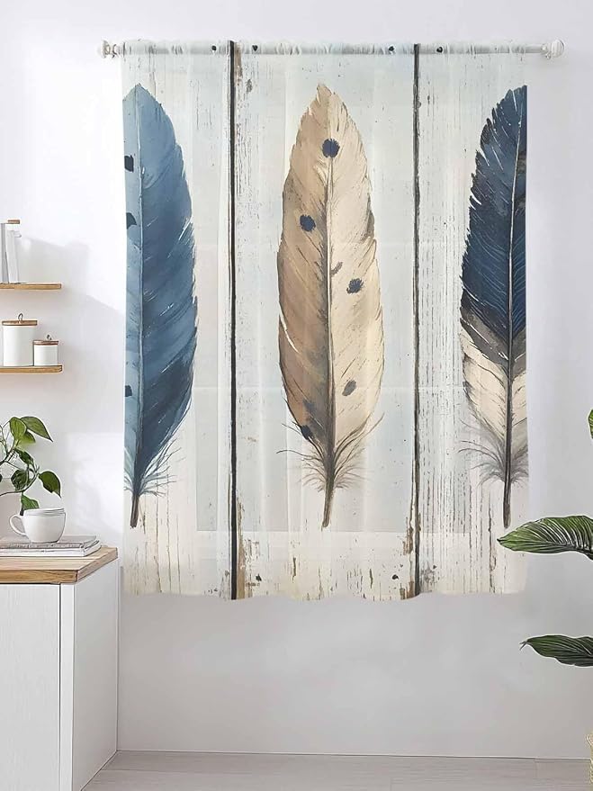 Sheer Curtains 63 Inch Length, Farmhouse Feather Semi Sheer Curtains Light - Image 2