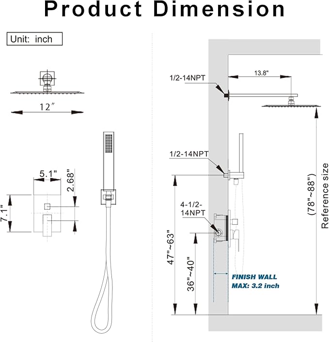 Shower System, Brushed Nickel Shower Faucet Set with 12-Inch Rain Showerhead and Handheld Spray, Wall Mounted High-Pressure Showerhead Combo Set Included Valve and Trim, Brushed Nickel