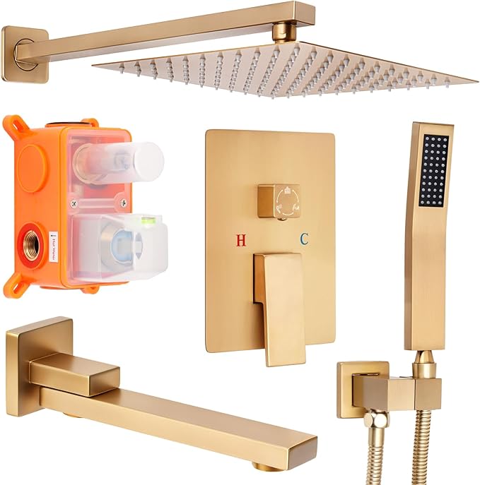 10 inch Square Shower Head and Handheld Set, Gasecoet Shower System with Tub Spout Wall Mounted Shower Faucet for Bathroom - Brushed Gold (With Shower Valve)