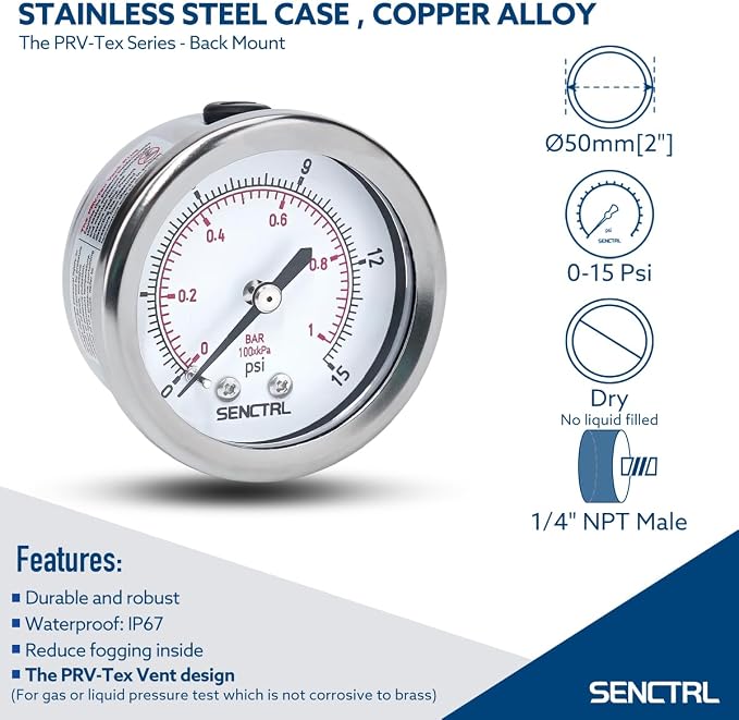 SENCTRL 0-15 Psi Low Pressure Gauge, 1/4 NPT Back Mount, Waterproof, Stainless - Image 2