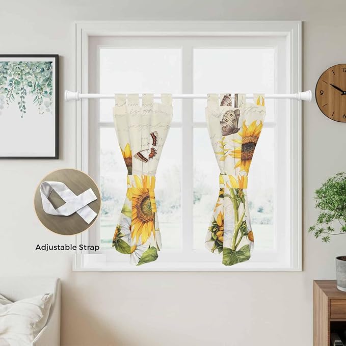 Farm Sunflowers Kitchen Curtains 45 Inch Length, Short Cafe Window Curtains Tab - Image 5