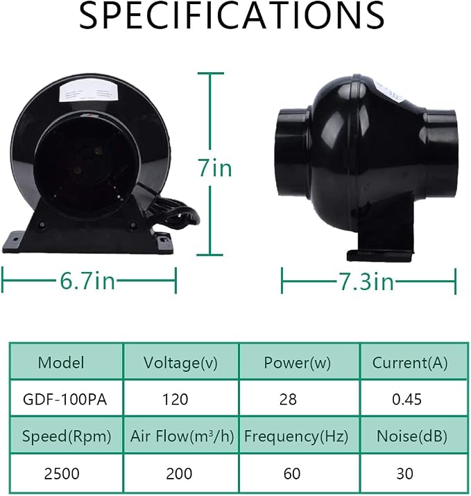 Ventilation Kit, 4 Inch Inline Fan 200 CFM Exhaust Blower, 4 Inch Carbon Fiber - Image 2