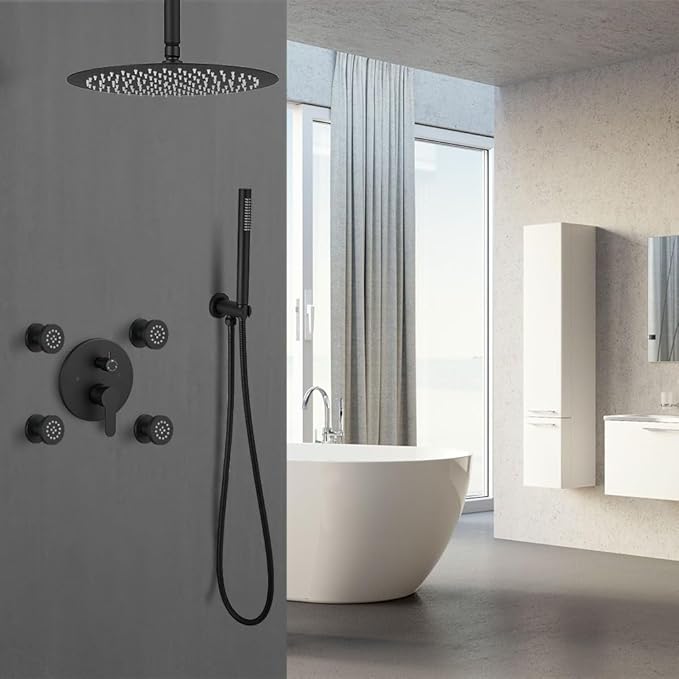 Matte Black Round Shower Faucet Set with Body Jets 16 Inch Shower Head Handheld Shower Combo Set High Pressure Ceiling Mount with Rough-in Valve