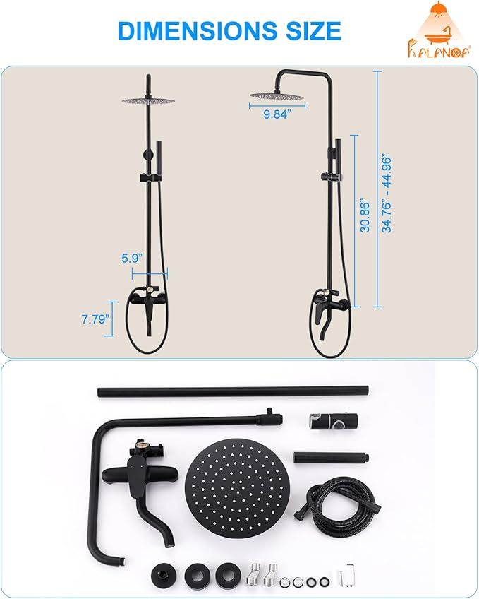 All-Metal Outdoor Shower Fixture,3 Functions Handle Tub Rainfall Shower Faucet Sets with Dial Thermometer Brass Valve, Black Exposed Shower System with 10'' Rainfall Shower Head Adjustable