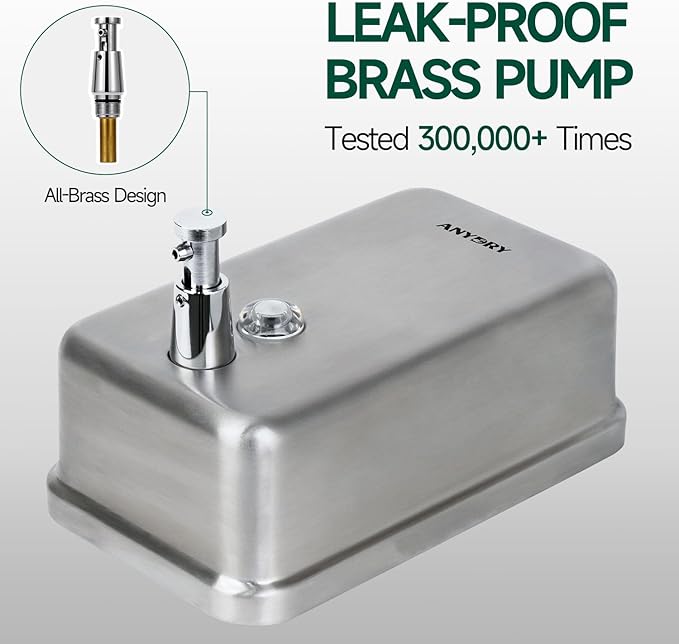 Commercial-Grade Manual Soap Dispenser, Durable Brushed Stainless Steel Finish, 37oz (1100ml) Liquid, Wall-Mounted for Bathroom & Kitchen