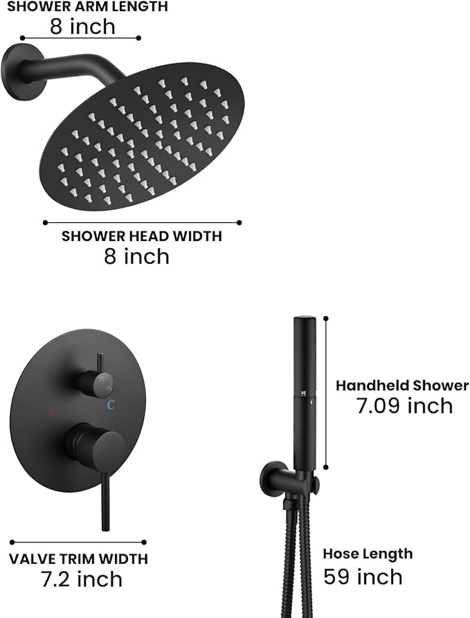 Airuida Shower Fixtures 2 Functions Shower Faucet Set Wall Mounted for Bathroom High Pressure Brass Handheld Shower with Rough-in Valve Round Rainfall 8 Inch Shower Head Matte Black