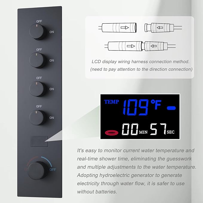 Matte Black Digital Display Shower System with 16X24 inch Ceiling Mounted Shower Head(Rain&Waterfall Modes), with Handheld Spray and 6 PCS Dual Modes Body Jet