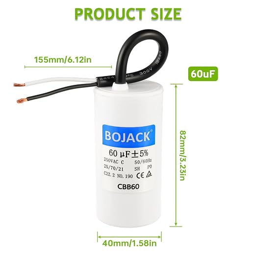 BOJACK Run Capacitor 60 uF MFD 250V AC 60 MFD CBB60 2 Wire 50/60Hz Cylinder - Image 2