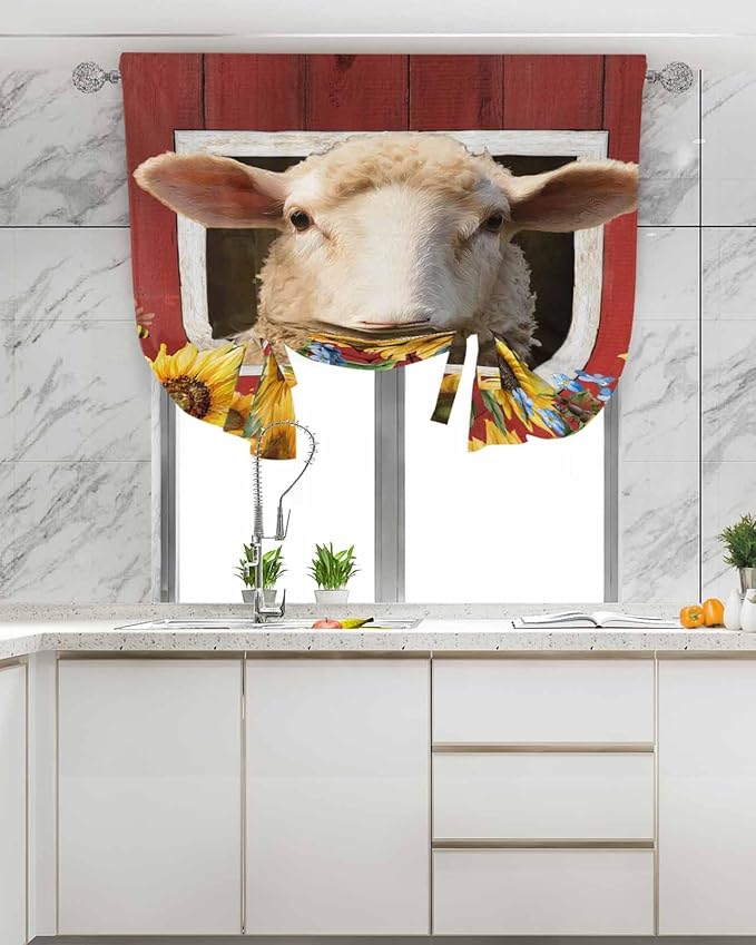 Tie Up Curtains for Windows, Sheep Sunflower Adjustable Balloon Nature Linen - Image 4