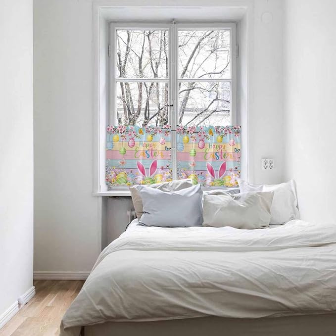 Colorful Easter Half Window Curtains 24 Inches Long, Spring Watercolor Bunny - Image 5