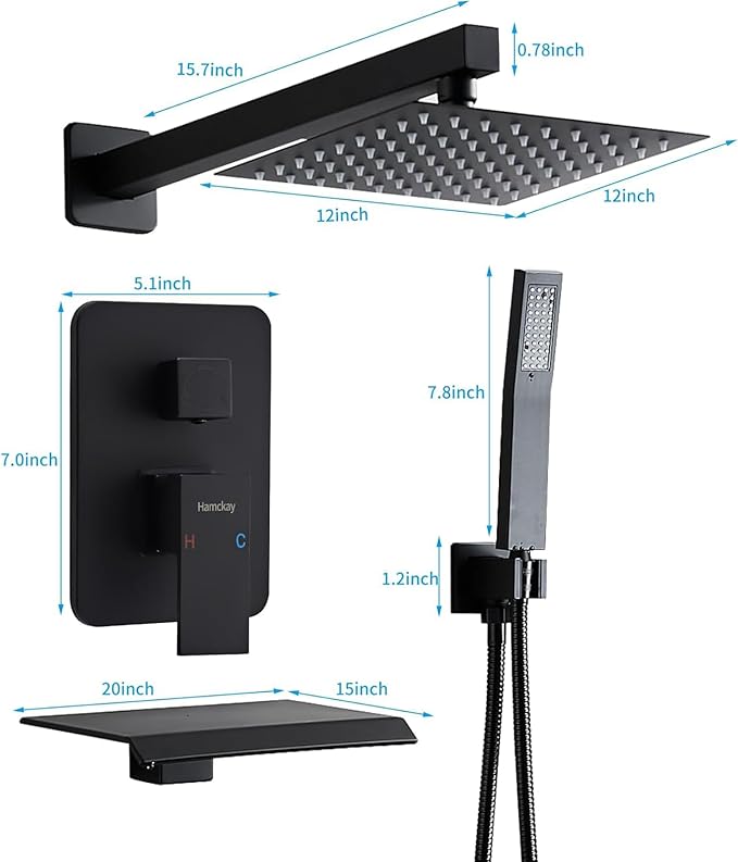 12 Inch Matte Black Shower Faucet Set with Square Rain Shower Head and Handheld Spray, Wall Mounted Rainfall Shower Head with Handheld Combo, Bathroom luxury Shower System with Valve and Trim