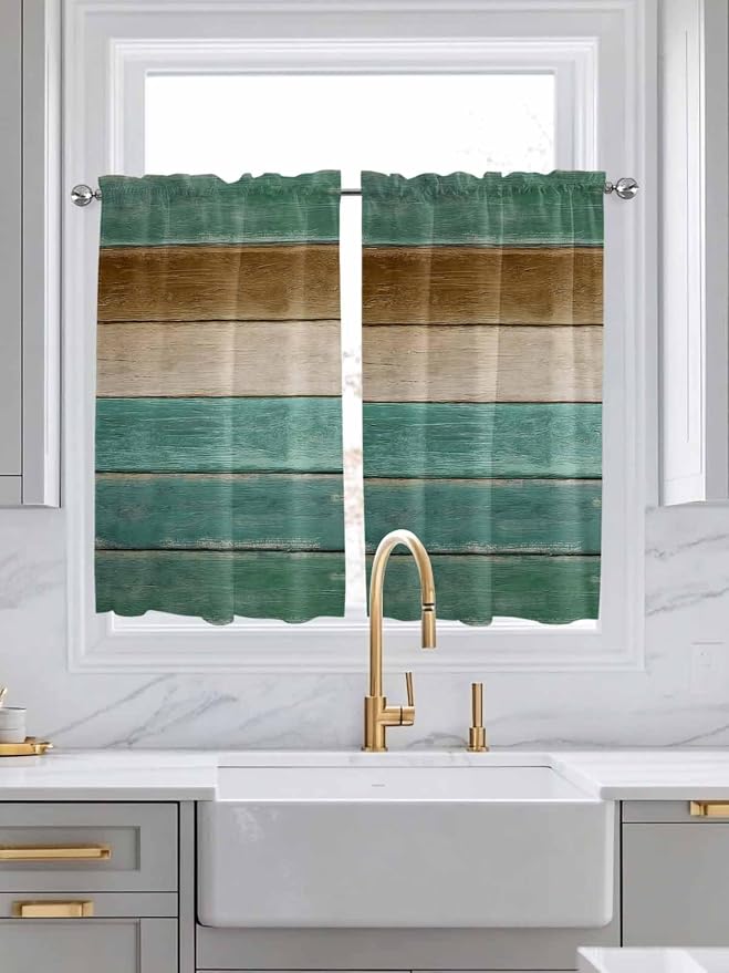 Vintage Plank Turquoise Brown Window Valance Curtains, Farmhouse Wood Grain - Image 3