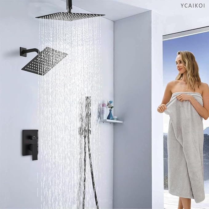 Matte Black Shower System, Knob Switch Diverter Shower Faucet Set with High Pressure Handheld Spray, Ceiling Mount 10 Inch Shower Head with 6 Inch Wall Mount Shower Head