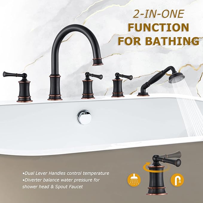 Roman Tub Faucet with Hand Shower, Antique Tub Shower Faucet Set with Valve for 5 Hole, Deck Mount Shower Tub Faucet Set，3 Handle Bath Tub Faucet High Flow, Oil Rubbed Bronze(B2309-ORB)