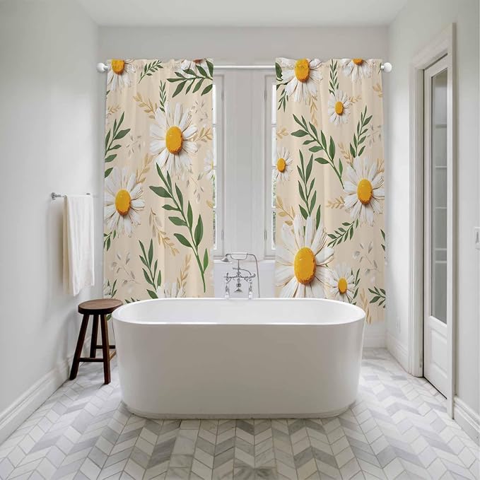 Spring Daisy Kitchen Curtains, Country Watercolor Flower Leaf Plant Light - Image 5