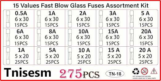 Tnisesm 275 Pcs Fast Blow Glass Fuses Assortment Kit 0.5A, 20A 15 Values 250V - Image 5