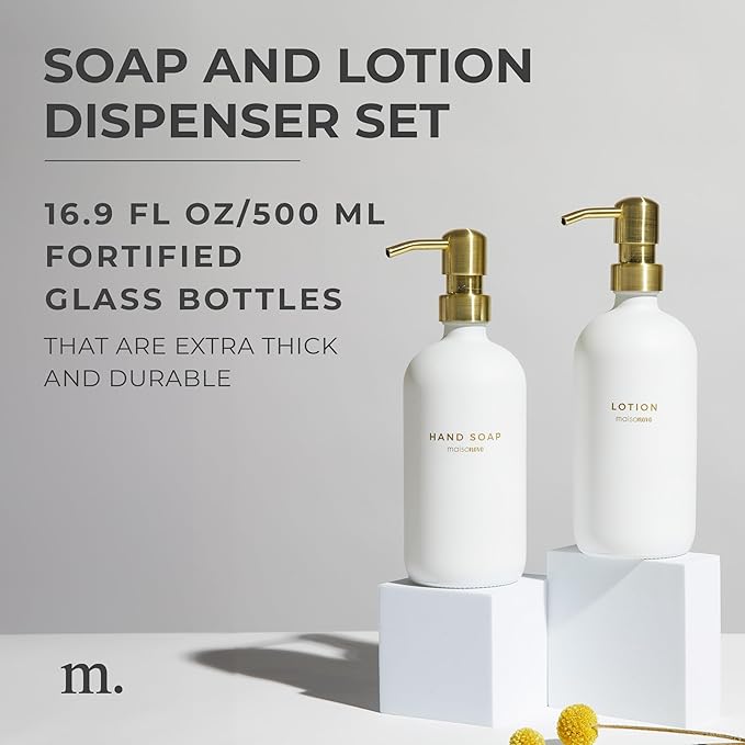 MaisoNovo Soap Dispenser 2-Piece Set | 16.9oz Clear Bottles with Gold Stainless Steel Pumps