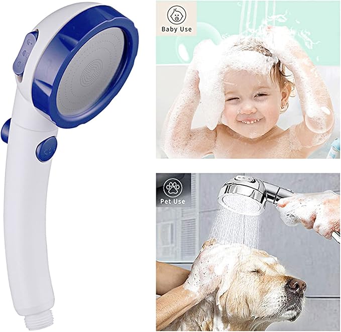 KAIYING High Pressure Handheld Shower Head with ON/OFF Pause Switch, 3 Spray Modes Shower Wand with Shut Off Button, Removable Camper Shower Head with Hose and Adjustable Angle Bracket (White & Blue)