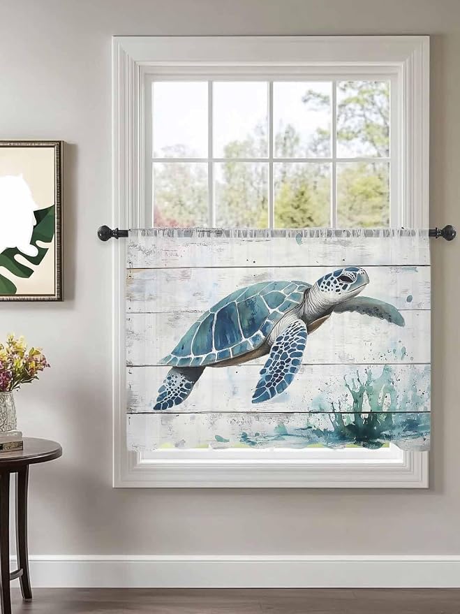 Sheer Curtains 45 Inch Length, Teal Green Sea Turtle Semi Sheer Curtains Light - Image 2