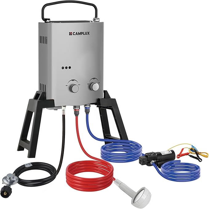 CAMPLUX 1.32 GPM Portable Outdoor Tankless Water Heater Propane Instant Hot Camping Shower Pump w/Freestanding Stand and Carry Bag, AY132GMax, Gray