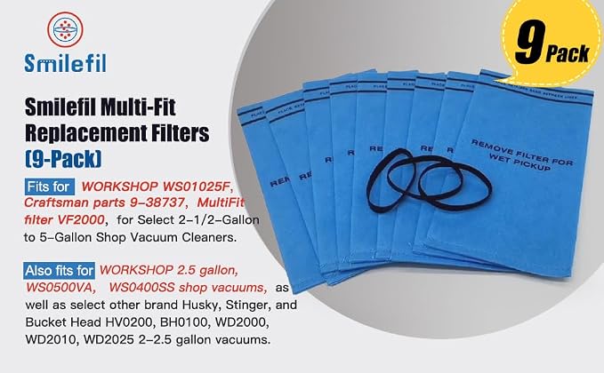Smilefil 9 Pack Wet Dry Vacuum Filter Bags Compatible - Image 3