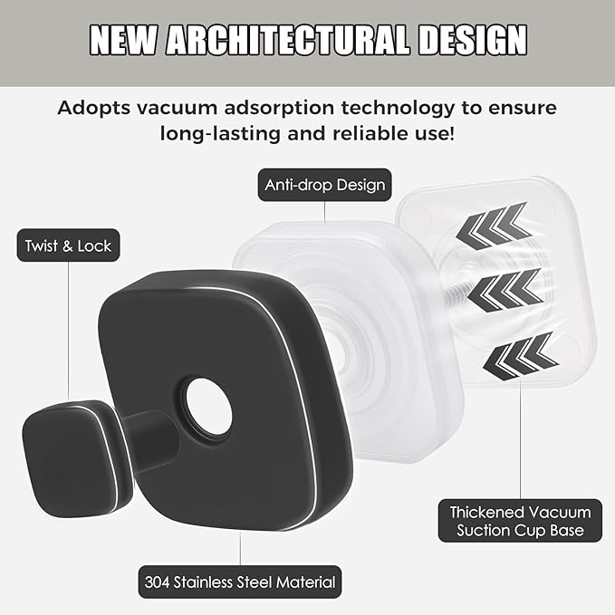 4Pcs Square Suction Cup Hook, 304 Stainless Steel Shower Hook, Removable Suction Cup Knob for Shower, Bathroom, Kitchen, Glass Door, Mirror (Black)