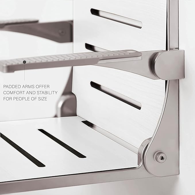 Seachrome Silhouette Comfort Folding Wall Mount Shower Bench Seat with Arms, White Seat with Matte Black Frame