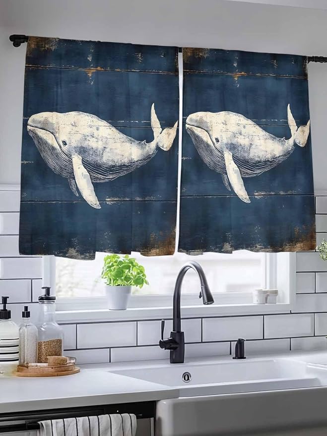 Sheer Curtains 45 Inch Length, Ocean Vintage Whale Semi Sheer Curtains Light - Image 5