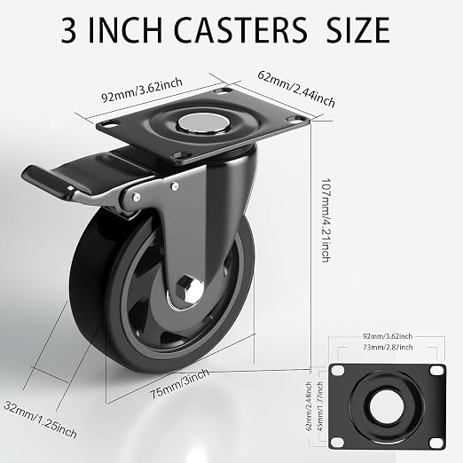 3 Inch Casters Set of 4 Heavy Duty, Caster Wheels - Image 2