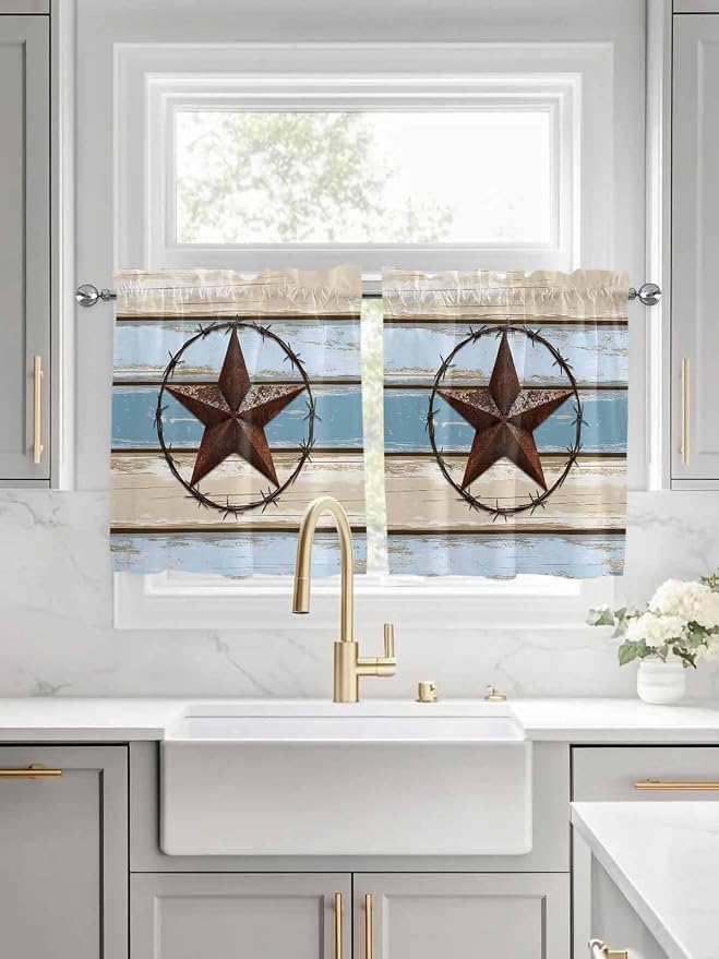 Vintage Western Star on Wood Grain Window Valance Curtains, Retro Wooden by IDOWMAT