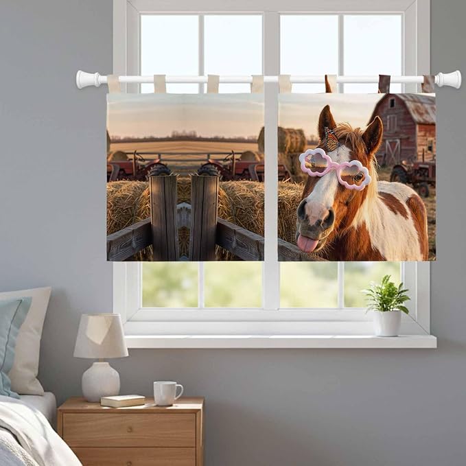 Farm Horses Kitchen Curtains 36 Inch Length, Small Window Curtains Tab Top - Image 9