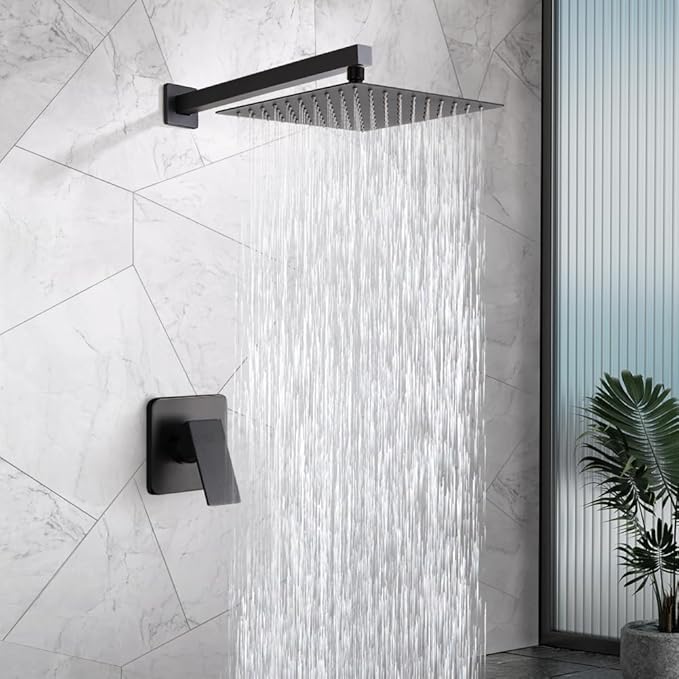 POP SANITARYWARE Matte Black Shower Faucet Set, Bathroom Rainfall Shower System with Stainless Steel Metal Showerhead, Single Function Shower Trim Kit with Rough-in Valve