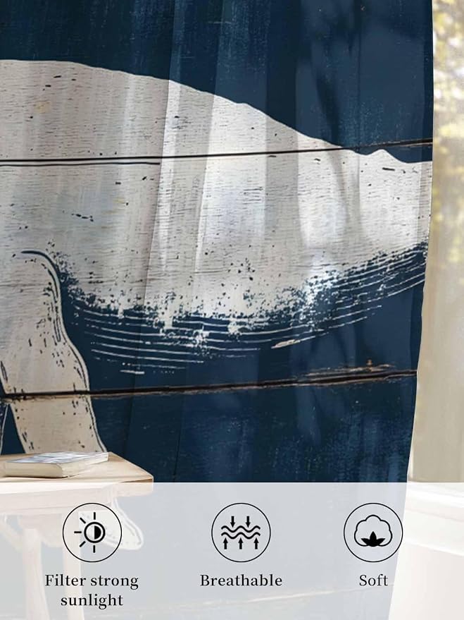 Sheer Curtains 45 Inch Length, Ocean Whale Blue Semi Sheer Curtains Light - Image 6