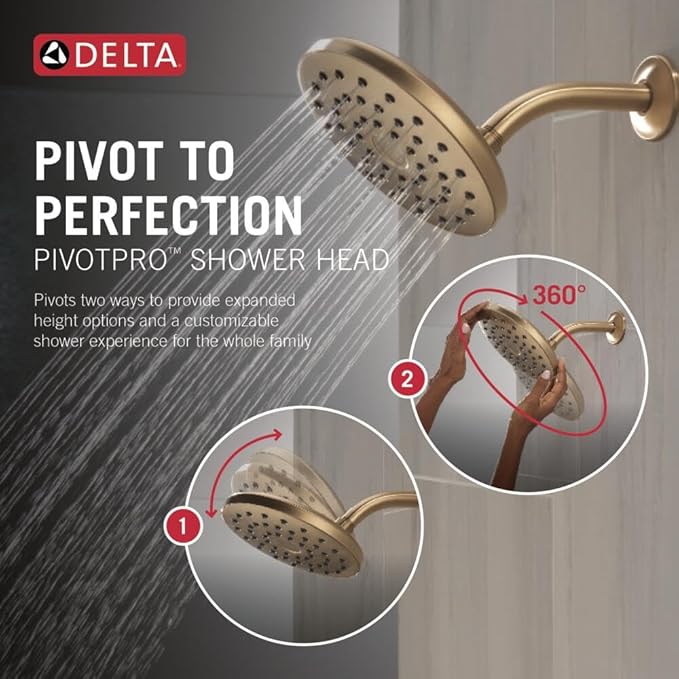 Delta PivotPro Brushed Gold Rain Showerhead, Single Setting 7 Inch Round Shower Head, Showerheads, 1.75 GPM Flow Rate, Champagne Bronze 75104CZ