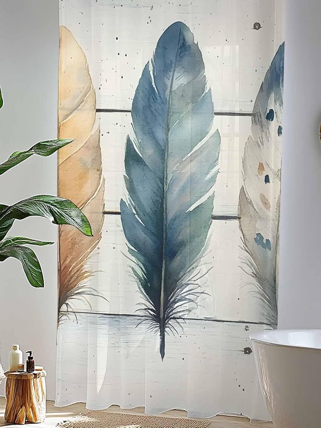 Sheer Curtains 96 Inches Long, Boho Blue Feathers Semi Sheer Curtains Light - Image 4