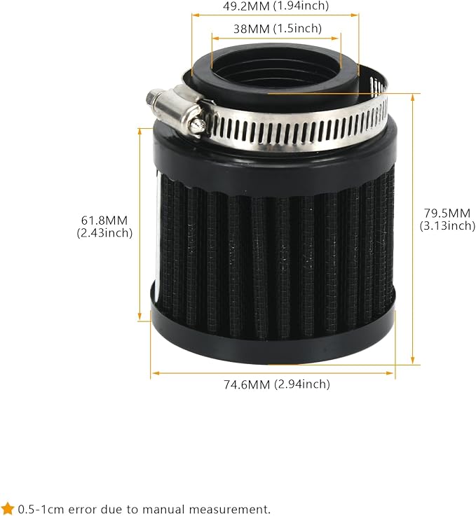 PTNHZ Universal Black Neck 1.5" 38mm Car High Flow Cold Air Intake Air Filter - Image 6