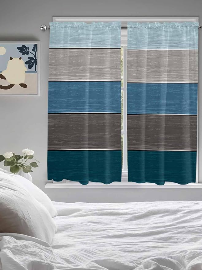 Retro Farm Blue Gray Wood Grain Window Valance Curtains, Rustic Wooden Plank - Image 5