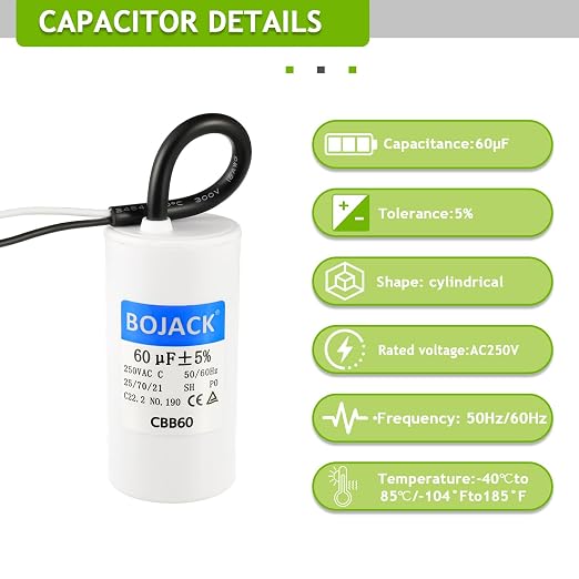 BOJACK Run Capacitor 60 uF MFD 250V AC 60 MFD CBB60 2 Wire 50/60Hz Cylinder - Image 3