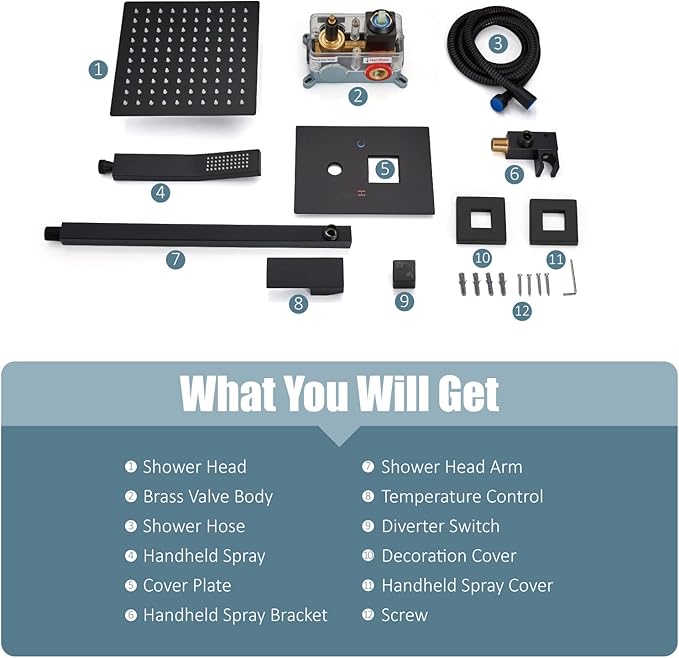 Aolemi Shower Faucet Set Rain Shower System with Handheld Spray Bathroom Shower Combo Rough-in Valve and Shower Trim Kit Included Matte Black 12 Inch Wall Mount Shower Head