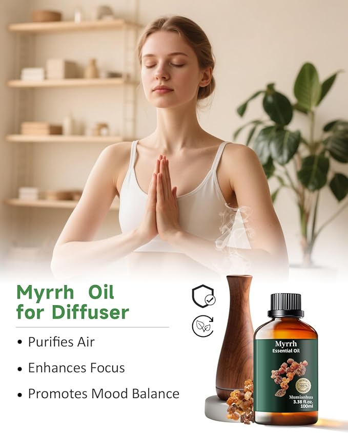 Pure Myrrh Essential Oil, Mumianhua Therapeutic Grade Natural Myrrh Oil for Skin Care, Aromatherapy, Beard Care, Earthy Candle Making, Cleaning Blends & Home Purifier 3.38 Fl Oz